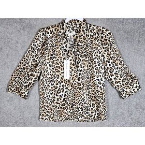 Bishop + Young Remi Top Womens Sz Small Animal Print Button Up Tie Neck New